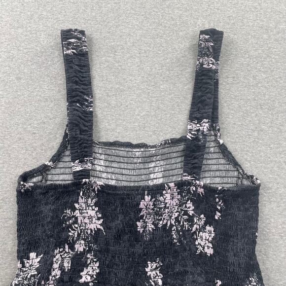 Free People Hannah Printed Cami Top L Black Purple Floral Smocked Ruched Tank - Picture 10 of 15